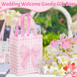 Wovnet 30 Pcs Coquette Pink Bow Gift Bags Reusable Non Woven Party Favors Bow Goodie Treat Bags with Handle for Birthday Wedding Bridal Bachelorette Girls Tea Party Supplies 10 x 8 x 4in
