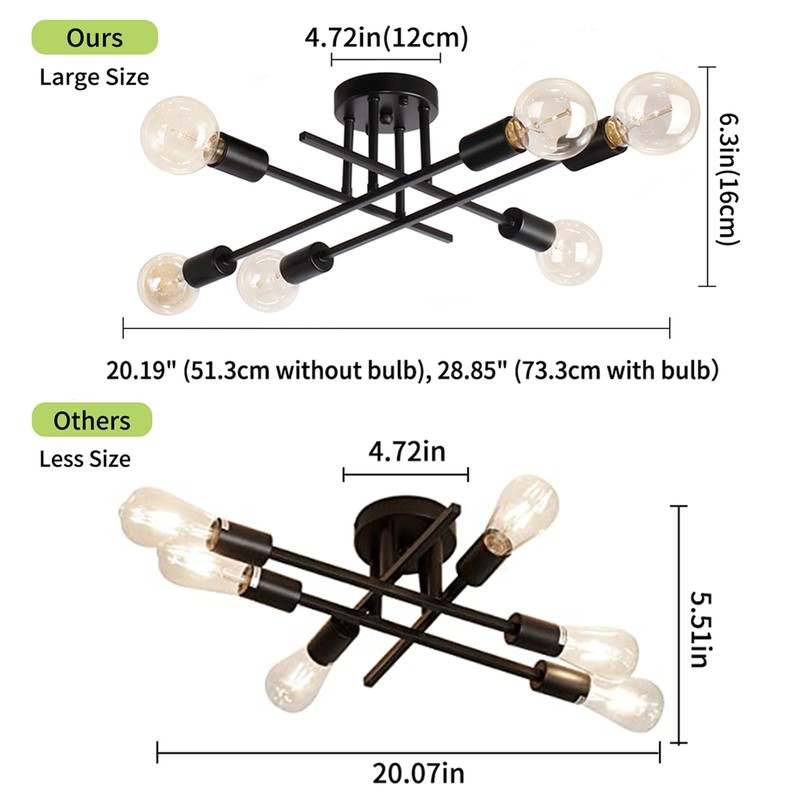 Rviezza 6-Lights Semi Flush Mount Modern Ceiling Light Fixture, Industrial