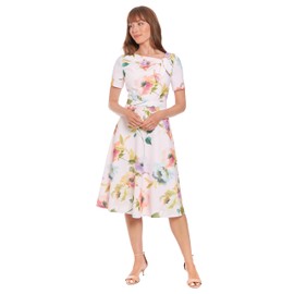 London Times Women's Dresses Women's A-Line Midi Dress - Short Sleeve Fitted Waist with Bow Detail - Versatile Floral Dresses, Cream/Blue, 4