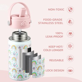COKTIK Kids Water Bottle with Straw, 14oz Insulated Stainless Steel Tumbler, Leak-Proof Locking Lid for School, Lunchbox, Outdoor Sports,Case with Shoulder Strap (1 Pack, Rainbow)