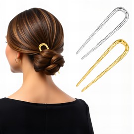 2 Pcs Metal U Shape Hair Pins for Women, French Wavy Twist Hairs Forks for Thick Hairs Vintage 2 Long Prong Hair Sticks for Buns Women Girls Hairstyle Accessories (Black, Silver)