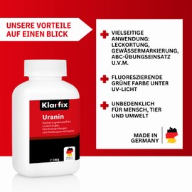 Klarfix Uranin Water Dye in Powder Form Highly Effective Water Dye for Leak Detection, Leakage Detection, Leakage Testing, Fluorescein as Marking Dye Very Economical (4 x 100 g)