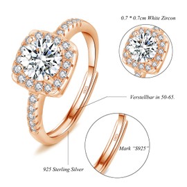 Josfeva Silver Rings for Women Girls, 925 Sterling Silver Adjustable Diamond Ring, Bride Wedding Engagement Ring for Love Promise, Romantic Anniversary Square Rose Gold Rings for Couples Gifts