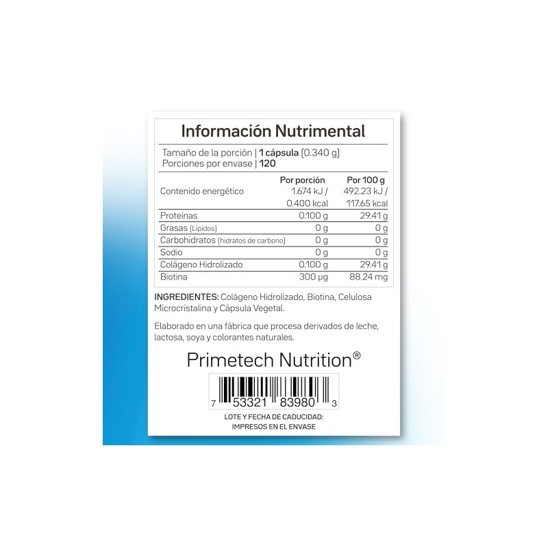Primetech Nutrition Biotina Colágeno 120 Cápsulas 300 Mcg Suplemento Bio
