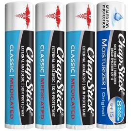ChapStick Paquete de alivio del dolor de labios secos y herpes labial, paquete de 3 medicamentos clásicos + bálsamo labial hidratante original con SPF 15, 0.15 onzas Ea (juego de 4 piezas)