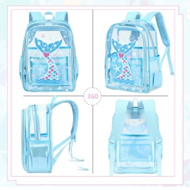 AO ALI VICTORY Clear Backpack for School,PVC Transparent Kids Bookbag for Girls Boys Cute Toddler Back Pack Kindergarten Elementary Schoolbag Stadium Approved See Through Backpacks, Blue Mermaid