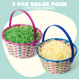 JOYIN 2 Pcs Easter Bamboo Plaid Basket, Blue & Pink Round Bamboo Woven Goodie Basket with Folding Handle, Empty Gift Basket for Easter Egg Hunt, Kids Easter Party Treats Picnic & Favors