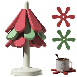 Konbison Silicone Tree Coasters Set Tree Trivets for Hot Dishes Decorative for Hot Pots and Pans 3 Magnetic Large Trivet + 1 Stand Stored Liker A Christmas Tree, for Kitchen Pot Holder Bowl Teapot.