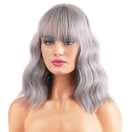 BERON 14 Inches Gray Wig with Bangs Short Curly Grey Wig for Women Daily Party Hairnet Include