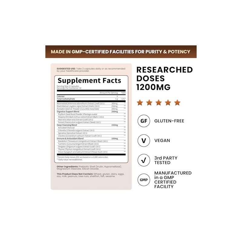 Wormwood Black Walnut Cleanse for Human 1200mg - Gut Health
