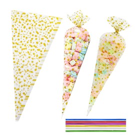 LEOSINDA Cone Cellophane Bags, 6 x 12 inch 200 Pcs Plastic Popcorn Cone Bags, Clear Cone Shaped Treat Bags Clear Cone Shaped Treat Bags with Twist Ties,for Popcorn, Candy, Party Favors