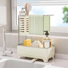 Kitchen Sink Caddy Organizer with Brush Holder, Stainless Steel Sponge Holder for Kitchen Sink,Countertop Sink Organizer with Hook,Soap Dispenser Kitchen Organizers Storage Essentials, White