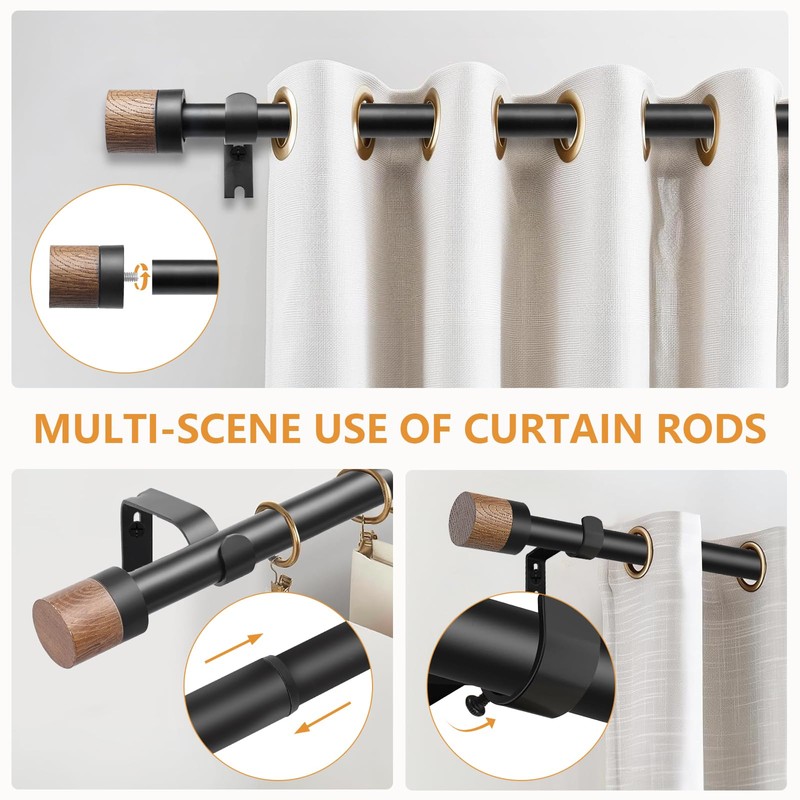 Adjustable Rustic Wood Curtain Rods for Windows 32-144 Inch,Black