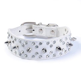 Haoyueer Spiked Studded Dog Collar Stylish Leather Dog Collar, with Bullet Rivets and Rhinestones, Soft and Adjustable for Medium and Large Dogs(White,S fit Neck 31-38cm)