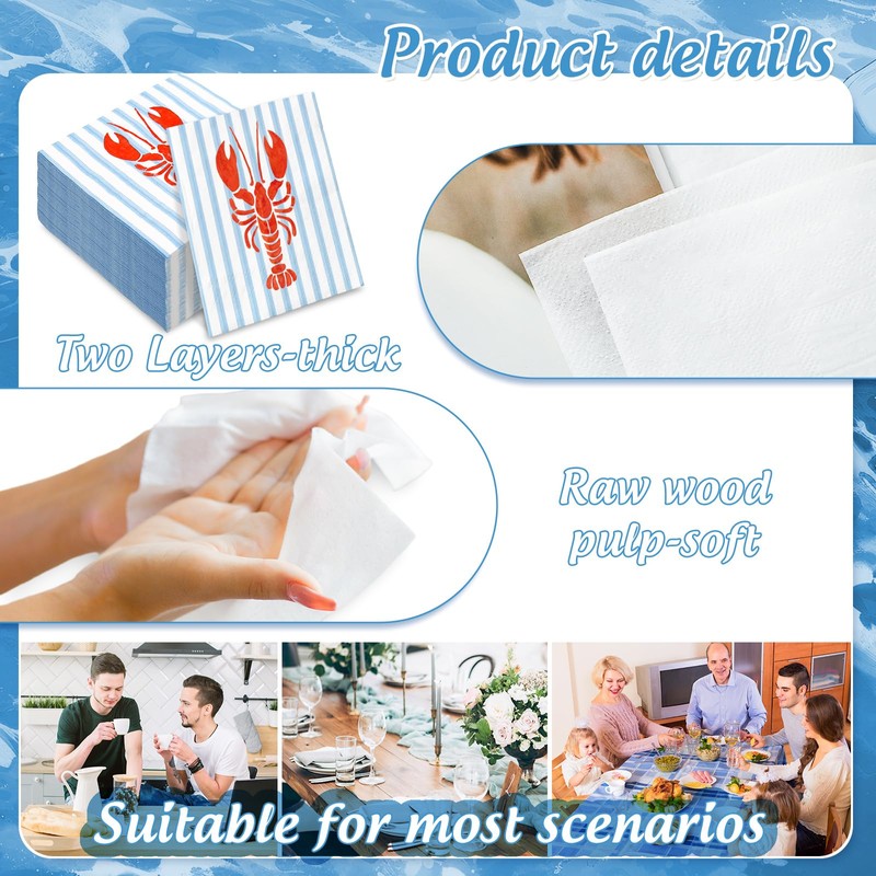 FYSUIMU 50 Pcs Crawfish Paper Napkin Summer Crayfish Stripe Disposable