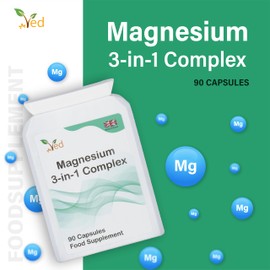 Ved Magnesium 3-in-1-Komplex, Nahrungsergänzungsmittel als Magnesiumbisglycinat 400 mg, Oxid und Malat, dreifach hohe Absorption, 384 mg elementar, 90 Kapseln (Vorrat für 45 Tage)