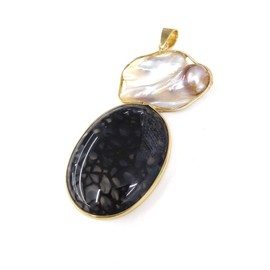 LE SKY Natural Stone Pearl Pendants Irregular Freshwater Pearl And Dragon Pattern Black Agate Pendants for Jewelry Making 31X76mm (2 PCS).