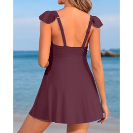 Charmo Ruffle Ribbed Maternity Swimsuit One Piece Cutout Pregnancy Bathing Suits Push Up Twisted Swimwear Swim Dress Dark Red XL