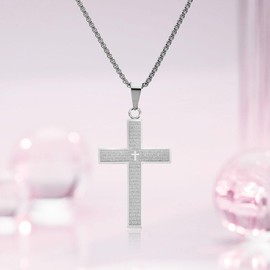 Stainless Steel Mens Womens Cross Necklace Lord's Prayer Pendant 3 Colors Available (Silvery)