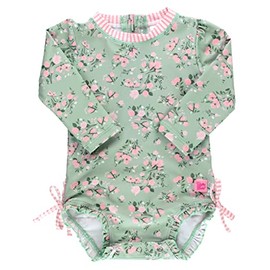 RuffleButts Baby Girls UPF 50+ Sun Protection Floral Printed Long Sleeve One Piece Rash Guard Swimsuit with Zipper - Tea Roses, 6-12m