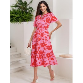 ALLOVIN Womens 2025 Floral Summer Midi Dress with Pockets - V-Neck A-Line Short Sleeve Smocked Waist, Ruffle Tiered Dress | Pink & Red Floral | Small
