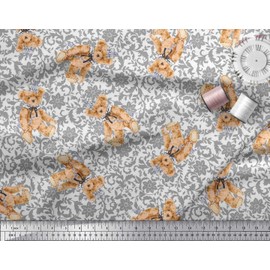 Soimoi Orange Cotton Canvas Fabric Leaves,Floral & Teddy Bear Kids Decor Fabric Printed BTY 42 Inch Wide