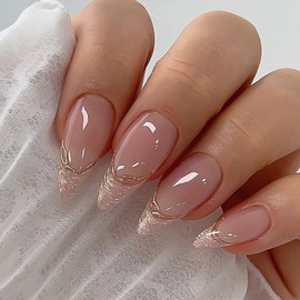 Stiletto False Nails Almond Medium - 24Pcs Glitter French Tip Stick on Nails Press on Nails - Glossy Full Cover Fake nails with Glue - Removable Glue-on nails for Women Nail Art Accessories