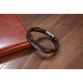 PiercingJak Men's Bracelet 6 mm Natural Stone Beads Leather Braided Genuine Leather with Stainless Steel Feather Bangle Fashion Charm Jewellery Gifts for Men, Black/Brown, Leather Stainless Steel