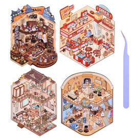 Girls 3D Miniature Scene Stickers, 4 Sets World Travel DIY House Stickers for Museun, Hotel, Magic House, Drive-In Restaurant, Cute 3D Cartoon Scene Stickers for Adult Kids Relief Stress Pass The Time