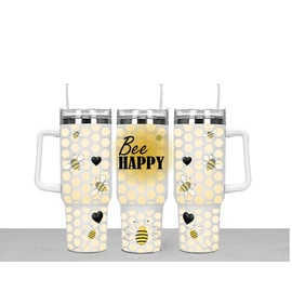 BEE Happy Large Unisex 40oz Stainless Steel Travel Cup Tumbler Gift with Carry Handle, Lid and Straw