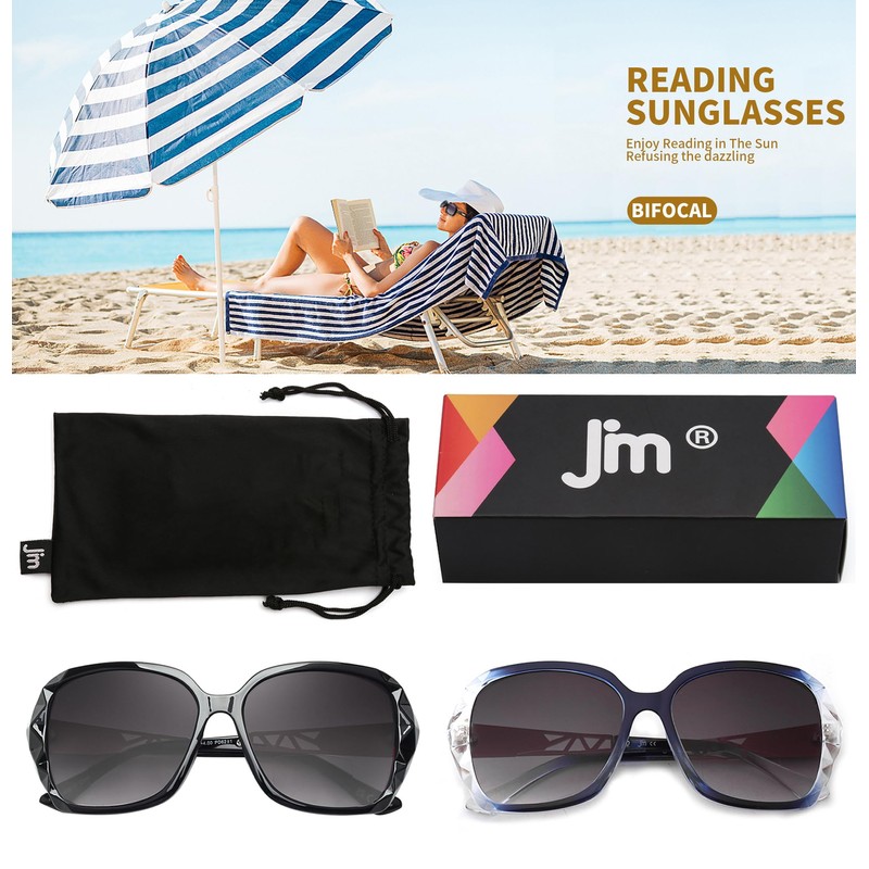 JM 2 Pack Bifocal Sunglasses for Women, Oversized Fashion Square