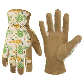 HANDLANDY Women Gardening Gloves, Leather Safety Work Gloves Breathable Ladies Garden Yard Gloves, Best Gift for Gardeners (Khaki-Floral Print, L)
