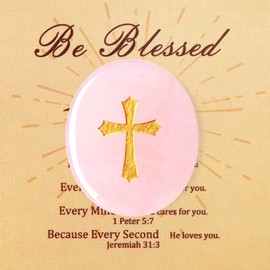 QINJIEJIE Rose Quartz Healing Crystals Cross Thumb Gemstones Worry Stone Christian Gifts for Women Men Easter Cross Worry Stone Polished Stone Anxiety Stress Relief