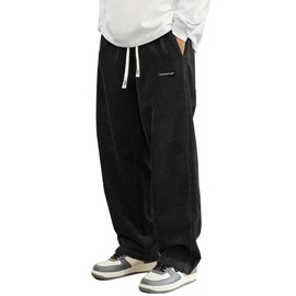Hidkat Mens Corduroy Casual Pants Fashion Loose Fit Wide Leg Pants Straight Sweatpants Elastic Waist Drawstring Black