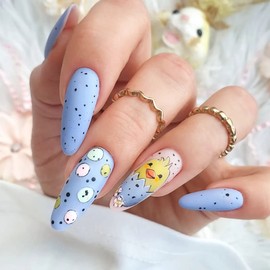 Cute Easter Press on Nails Medium Almond Fake Nails with Easter Hatching Chick Design Matte Blue Glue on Nails Easter Egger Chickens Stick on Nails Easter Basket Stuffers Fake Nails for Women Girls