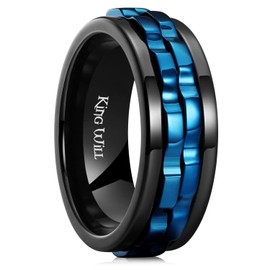 King Will Mens Black Spinner Rings Stainless Steel Fidgets Two Blue Gear Fidget Ring Anxiety Ring For Men Women Stress Free Cool Wedding Band 9.5