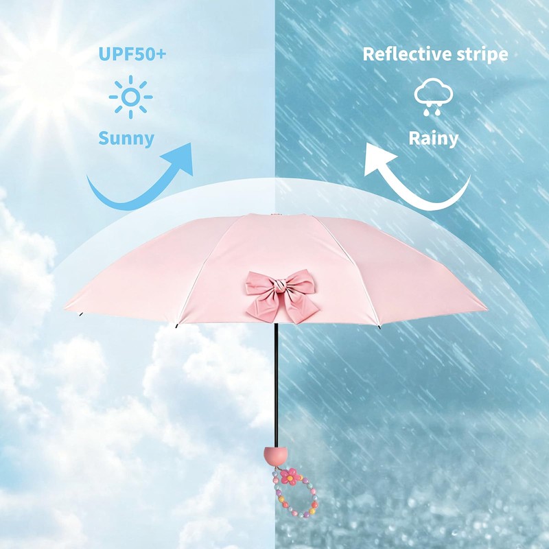Baestappy Pink Bow Umbrella,Mini Compact Windproof Folding Umbrella for Rain