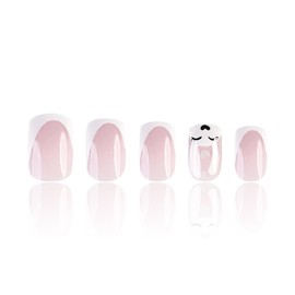 Easter Press on Nails Short Square French Tip Fake Nails Pink Full Cover Cute Bunny False Nails with Designs Glossy Glue on Nails Acrylic Nails Manicure Artificial Nails for Women Girls 24Pcs