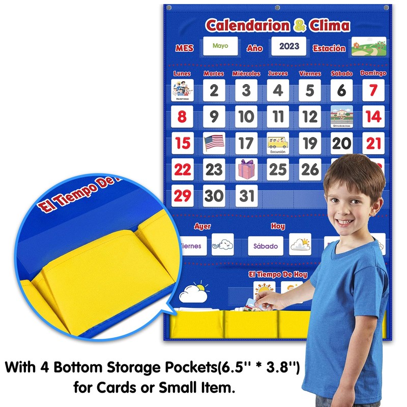 Godery Spanish Calendar and Weather Pocket Chart, Classroom Organized Chart,