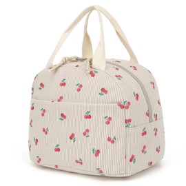 Xunteny Corduroy Lunch Box for Women Girls, Insulated Lunch Bag Reusable Cooler Tote Bags for Work Picnic School Travel (Beige Corduroy Cherry)