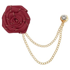 sourcing map Bridegroom Brooches Rose Flower Size 1.77 inch Cloth Alloy Lapel Pin with Tassel Chain/Suit Stud/Gold Trim for Wedding Men' Suit Accessories 1 Count Burgundy