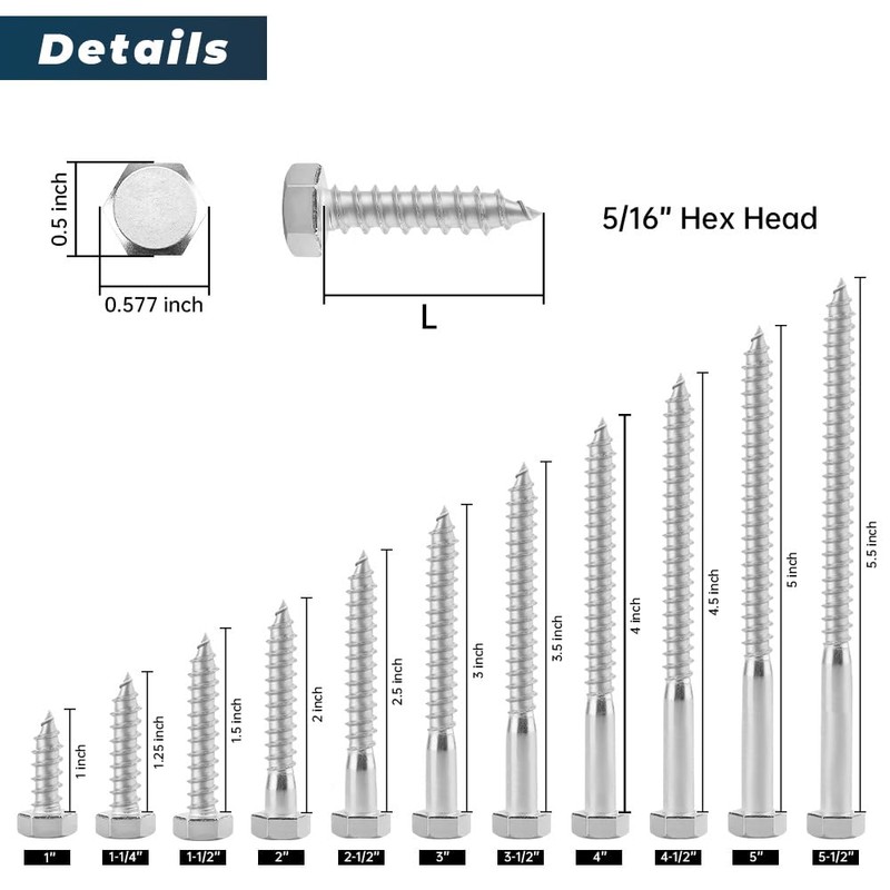 10 Sets 5/16 x 4 Stainless Steel Hex Head Lag