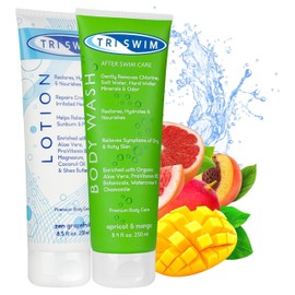 TRISWIM After Swim Body Care Bundle | Chlorine Removal Body Wash & Regeneration Lotion | Removes Chlorine, Salt & Hard Water Minerals While Repairing Dry Skin | Exotic Fruits Scent, 250+251 ml