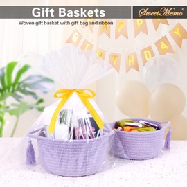 Empty Gift Basket – SweetMemo Mini Woven Rope Organizer Baskets for Gifting, Baby Shower, Desk, Makeup Brushes, Bathroom, Shelves – Small Decorative Storage Bin with Gift Bag & Ribbon – Lilac Purple