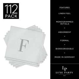 Luxe Party 112 Pack Monogram Cocktail Napkins, Letter F Initial, Disposable, Premium Airlaid, Linen Feel, Decorative, White and Silver