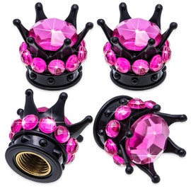 MEAJOO 4PCS Crown Bling Tire Stem Valve Caps, Crystal Diamond Car Wheel Tire Valve Caps Universal Copper Core Stem Covers for Cars, SUV, Trucks, Bikes, Motorcycles, Bicycles (Black & Rose Red)
