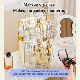 Rotating 2-Tier Makeup Organizer, Large-Capacity Storage with Brush Holder, Perfect for Vanity & Countertop