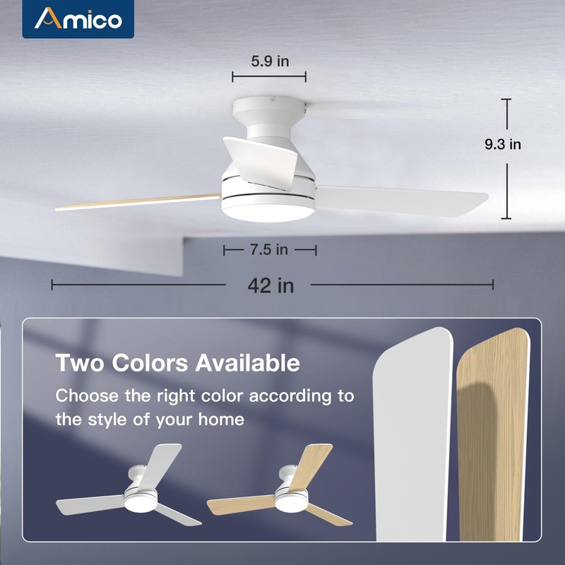 Amico Ceiling Fans with Lights, 42 inch Low Profile Ceiling
