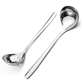 Realand 2Pcs Small Ladle and Slotted Spoon, Heavy Duty 304 Stainless Steel Gravy Ladle Mini Soup Ladles for Serving, Skimmer Strainer Ladle Spoon with Holes, Silver