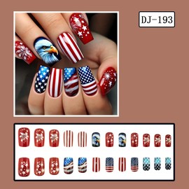Independence Day Press on Nails Medium Square False Nails with Red Blue American Flag Designs Eagle Fake Nails Star Acrylic Nails Stripe 4th of July Artificial Nails for Women Girls Manicure 24Pcs
